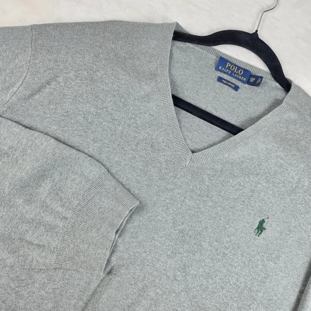 Polo Ralph Lauren Sweater Mens 3XB Grey Pima Cotton V-Neck Logo Cottagecore Pony